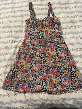 For Love and Lemons XS Rave Floral & Checkerboard Sun Dress with Mushroom Motif